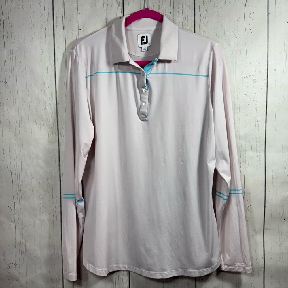 FootJoy Womens Golf Polo Shirt Striped Light Pink Collared Button Long Sleeves